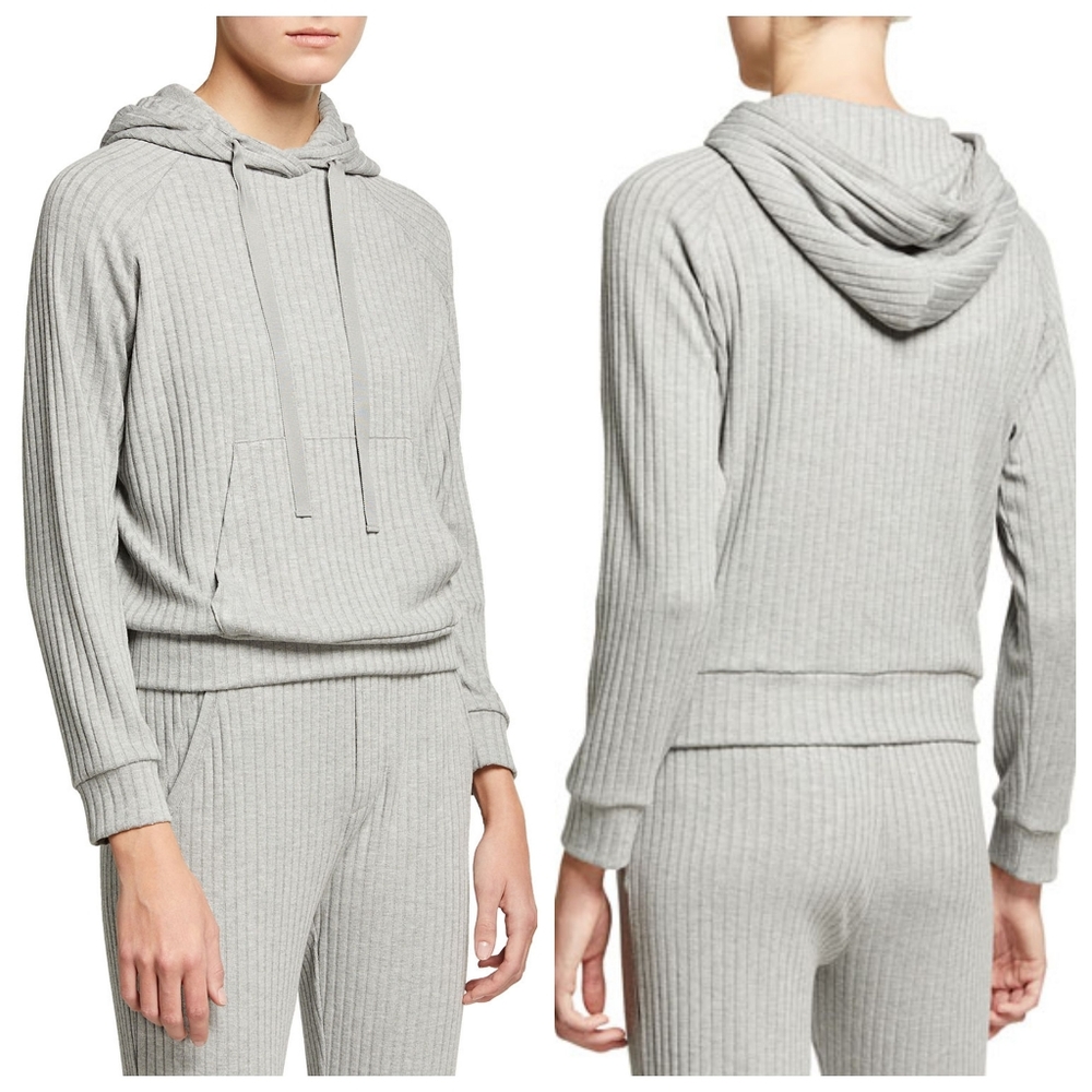 Enza Costa Brushed Rib Knit Hooded Sweatshirt Grey NWT